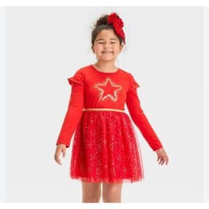 Cat & Jack Girls Holiday Star long Sleeve Red & Gold Tulle Dress Sz.10/12 NWT